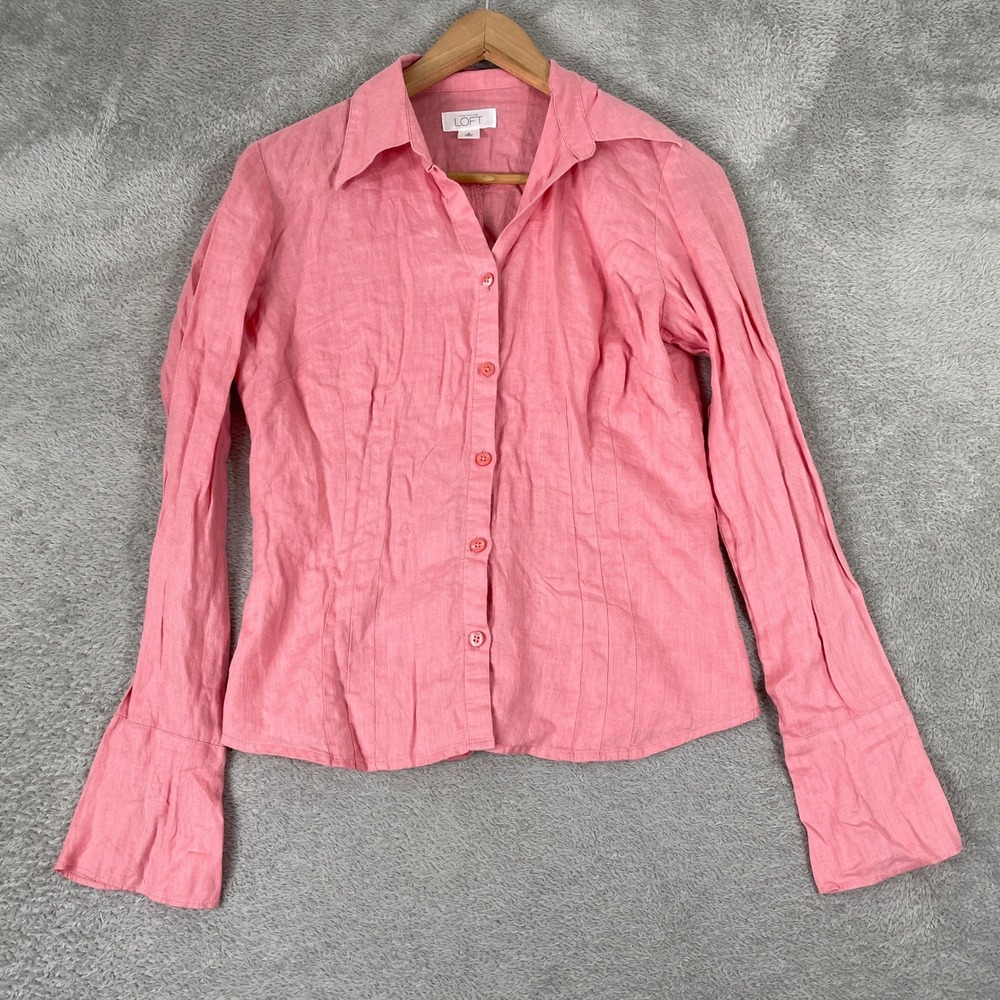 LOFT Shirt Womens Small Pink Linen Tailored Coastal Preppy Summer Solid